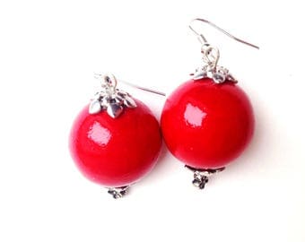 Red wood earrings ball red jewelry retro Big earrings wood earrings wooden earrings eco earrings small gift grandmother gift for her