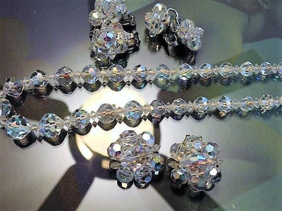 Aurora Borealis Cut Crystal Necklace Earrings Set Demi Parure 1950s 50s Mid Century Vintage Hollywood Wedding Jewelry Three Pair Earrings