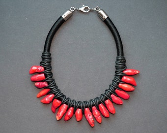 Red color/Coral bib necklace/Colorful Tribal necklace/tribal jewelry/free shipping/Statement Necklace/colorful necklace/African Necklace