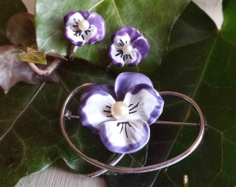 Enamel Pansy Pin and Pansy Earrings Beau Sterling Enamel Pansy Earrings and Pin Set