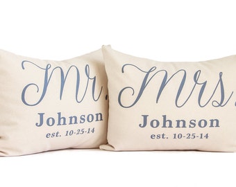 Mr and Mrs Pillows SET, Wedding Gift, 2nd Anniversary, Cotton Gift, 2 Year Anniversary, Just Married, Housewarming gift, Bedroom Pillows