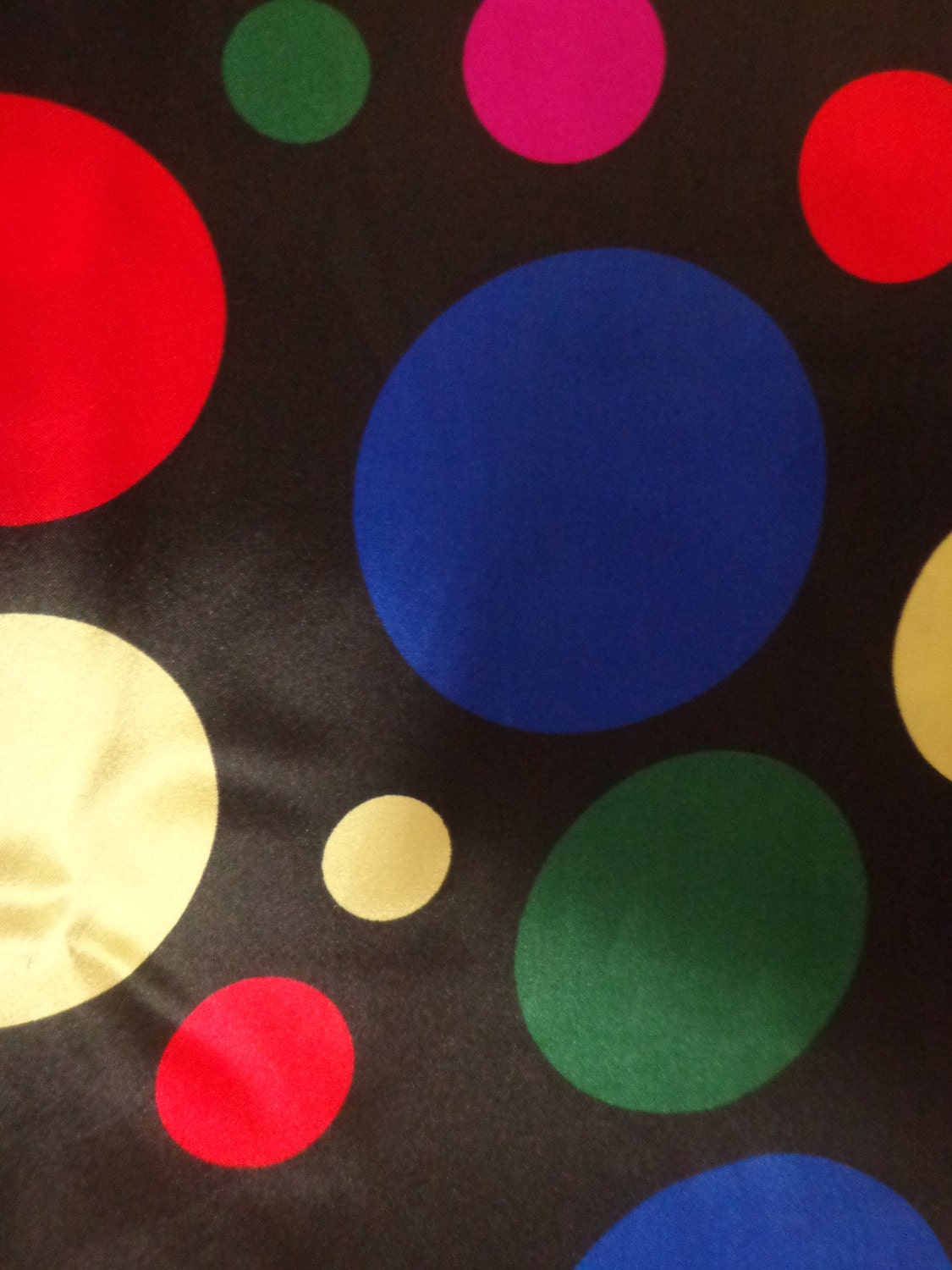 Multi Color Polka Dots On Black Satin Fabric