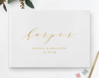 Gold Foil Wedding Guest Book, Calligraphy Guest Book, Wedding Guestbook, Custom Guest Book, Wedding Album, Photo Guest Book, 01