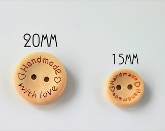 Botones de madera natural Handmade with love 20mm o 15mm - Wooden buttons Handmade with love 15mm or 20mm-Wooden labels tags-Wooden supplies