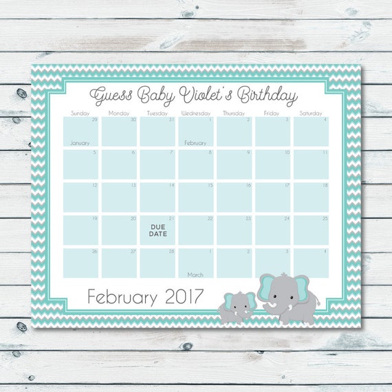 Baby Prediction Calendar Printable Mint And Gray Elephant