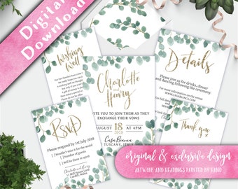 Printable Wedding Invitation Set, Eucalyptus Wedding Invitation, Watercolour Foliage Inviations, Printable Invitation Set, Invitation Bundle