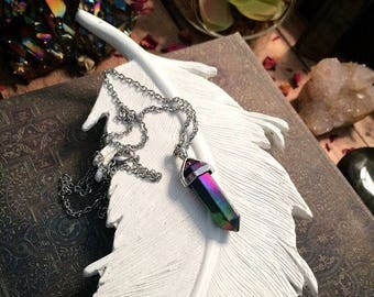SALE! Titanium Aura Quartz crystal necklace / rainbow titanium Aura necklace / flame aura necklace / gothic necklace crystal point necklace