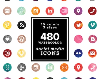 HUGE Watercolor Social Media Icons Set - 480 png files - Watercolor shades - 15 colors 3 sizes INSTANT DOWNLOAD