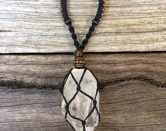 Clear quartz crystal macrame necklace