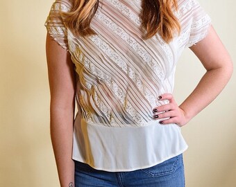 Authentic vintage 1950's lace and nylon sheer peplum style high color off white cream blouse women's size small / medium