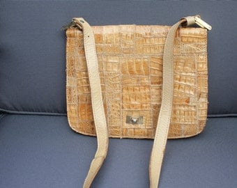 Bag vintage 70's leather and patchwork of beige Croc