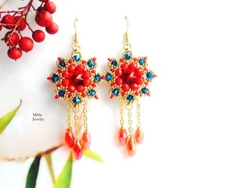 Handmade cluster earrings, red, gold, bleu beaded earrings, dangle drop glass bead earrings for her, rivoli chandelier earrings, beadwork