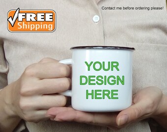 Enamel Mug Logo/Print White Enamel Camping Mug Metal Tin Cup Custom Enamelware Custom Enamel Mug Coffee Cup Personalized Enameled Steel Mug