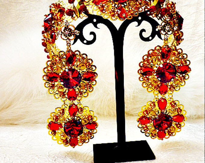 Gold Red Siam Wedding Jewelry Set Crown Earrings Headband Tiara replica Bridal Wedding Diamante adult dg crown tv doll crown trifari set