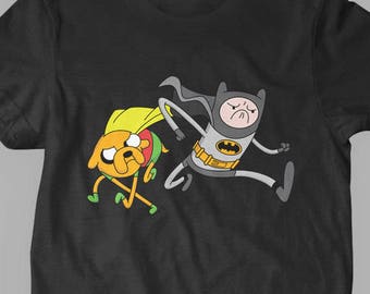 New Adventure Time Inspired Jake and Finn Batman and Robin Mash-Up Fine Cotton Jersey Kids T-Shirt Unisex Youth and Toddler Sizes