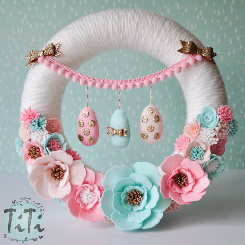Pastel Easter wreath with felt flowers & eggs Easter
