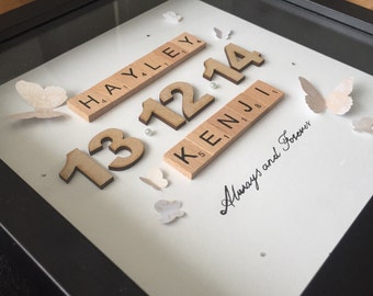 scrabble wall art personalised gift - couple name frame - 3D scrabble frame - boyfriend / girlfriend present - wedding new home - birthday