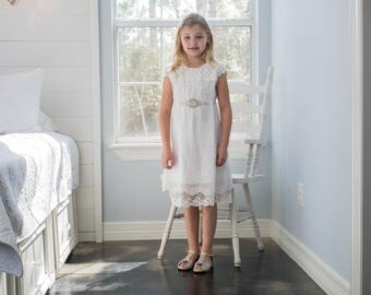 White girls dress -lace dress- -first communion- rustic wedding boho girls dress Junior Bridesmaid Baptism Beach photo portrait dress
