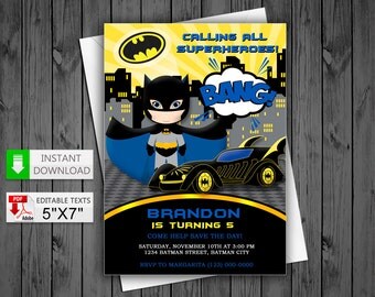 Printable invitation Hero Batboy in PDF with Editable Texts, Batman superheroes party Invitation, edit and print yourself!