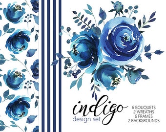 Indigo Watercolor Floral Design Collection Digital Clipart PNG Blue Flowers Leaves Wedding Invitation DIY Clip Art Set Baby Shower Invite