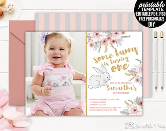 Girl First Bunny Birthday Invitation Template. Watercolor Floral First Birthday Invitation DIY PDF Digital Download Editable Gold