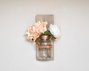 Mason Jar Wall Hanging Vase Sconce Wood Sign Mothers Day Mum Gift Idea Copper Decor Home