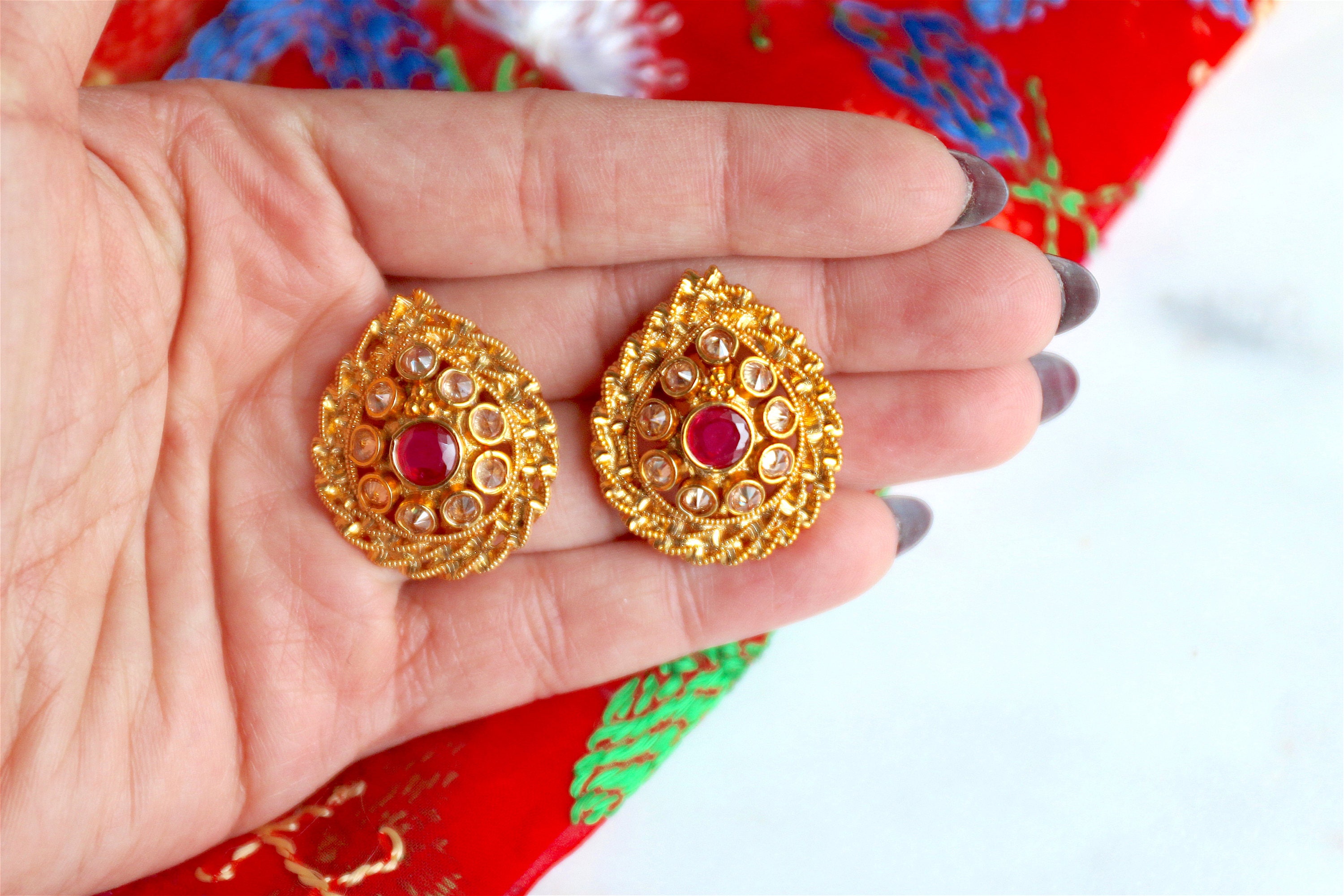 Antique Gold Plated Ruby Earrings Studs Indian Earrings