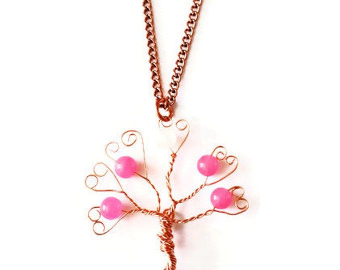 Pink Candy Jade and Copper Floating Tree of Life Pendant Necklace. Valentine's Day Heart Tree of Life Necklace. Pink Heart Pendant.