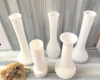White Glass Vases / Lot of White Glass Vases / White Glass Bud Vases / Set of White Glass Vases / Wedding Decor / White Wedding Decor