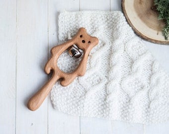 Rattle with Bell. Organic Wooden Teething Toy. Bear Rattle. Natural Wooden Toy. Eco Friendly Infant Toy. Newborn gift.