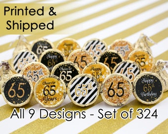 65th Birthday Party Decorations - Gold & Black - Stickers for Hershey Kisses (Set of 324)