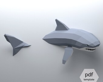 Low Poly Shark Model, Create Your Own 3D Papercraft Shark, Origami Shark, Great White Shark, Shark Lover, Shark Week, Wall hanging