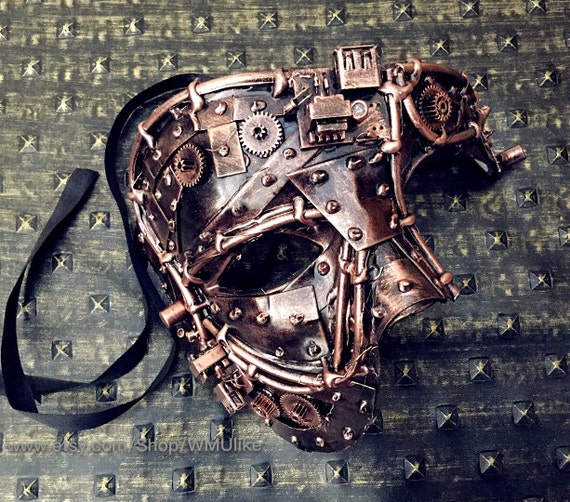 Mens Masquerade Ball Mask Steampunk Gear themed Metallic Bronze Copper Phantom Mask by WMUlike steampunk buy now online