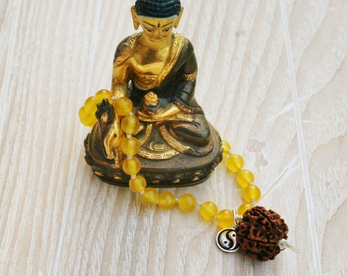 Yellow Jade Mala, 27 + 1 Mala, Japa Mala, Small Hand Mala, Mala, Guru Bead Rudraksh Mala, Recitation, Yoga Gift, Yin Yang Sterling Sil. Charm