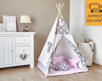 Tipi Set - Kids Play Tent Teepee - Cozy Grey Stars Pink
