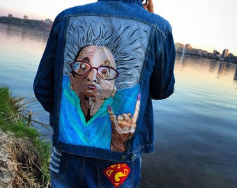 Hand painted denim jacket Jacket with painting Jacket with art work on it Art on denim Denim jean Jacket with art pop-art Summer art Drawing