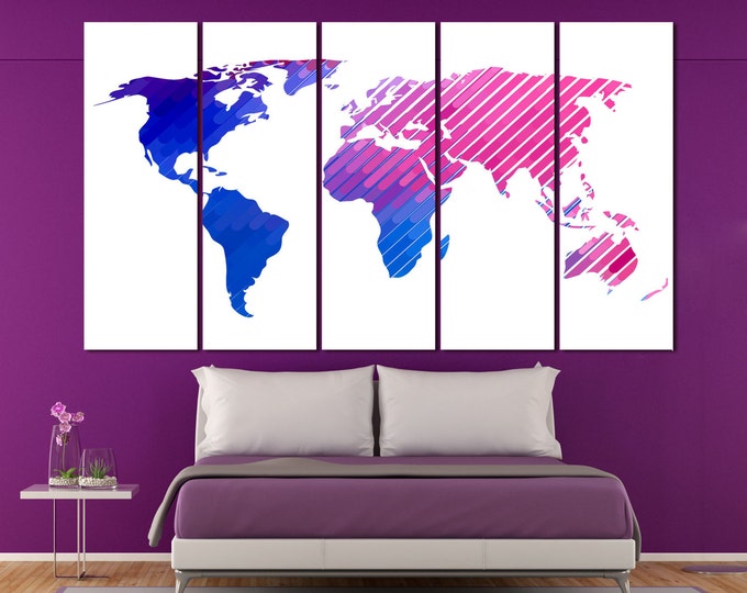 Abstract Modern Print World Map Art Set Canvas Poster Extra Large Abstract World Map Print art / 1,2,3,4 or 5 Set Panels on Canvas Wall Art