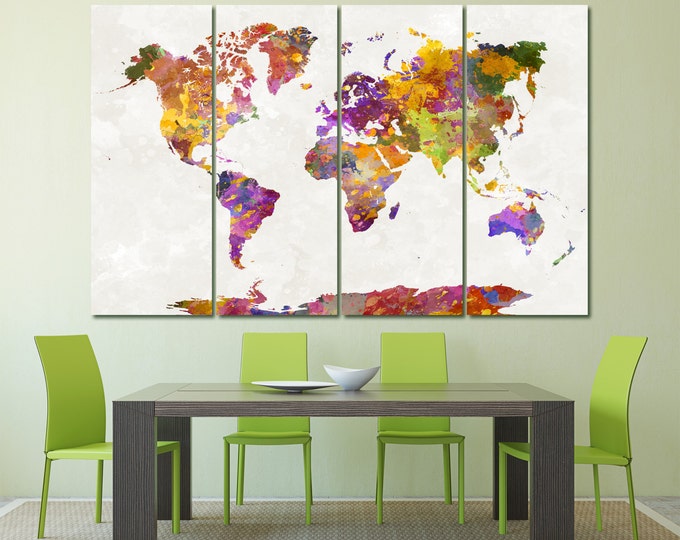 Large Colorful World Map Canvas Poster Set, Extra Large Watercolor World Map Print art abstract / 1,2,3,4 or 5 Set Panels on Canvas Wall Art