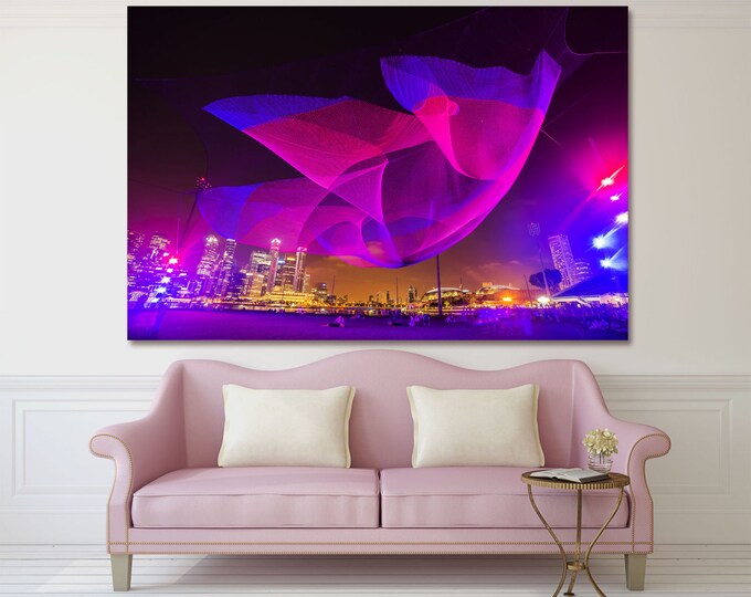 Light panorama in Singapore, Large Abstract Night city photo canvas print, esplanade night, modern art canvas