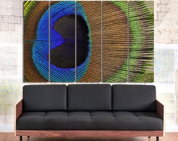 LARGE peacock feather wall art macro photography canvas print set of 3 or 5 panels, colorful peacock photography blue green brown wall art