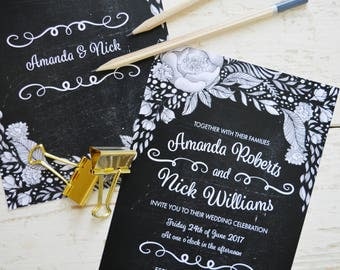 Chalkboard wedding invitation boho, floral wedding invitation set, floral wedding invites rustic, black and white wedding invitations UK, A5