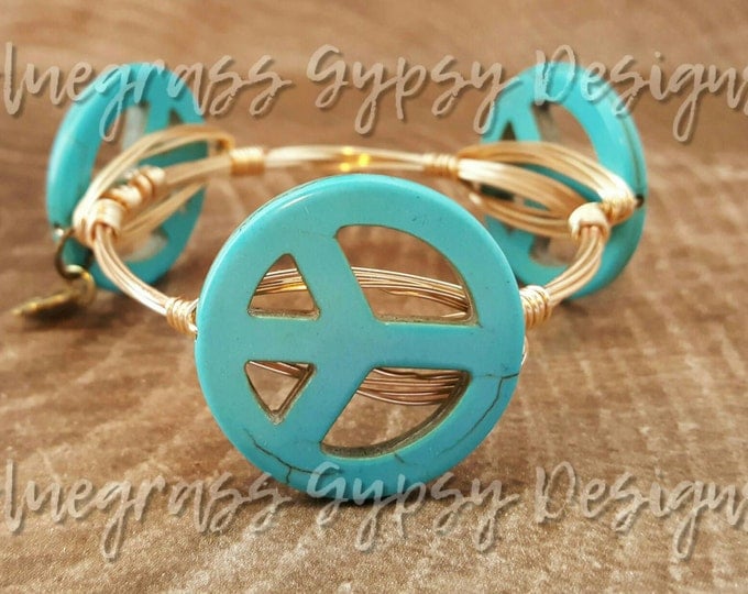 Magnesite howlite turquoise peace sign gemstone Wire Wrapped Bangle, Bracelet, Bourbon and Boweties Inspired
