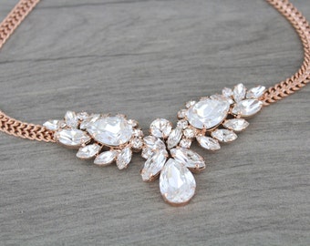 Rose gold necklace, Swarovski crystal necklace, Bridal necklace, Bridal jewelry, Statement necklace, Wedding necklace, Vintage style wedding