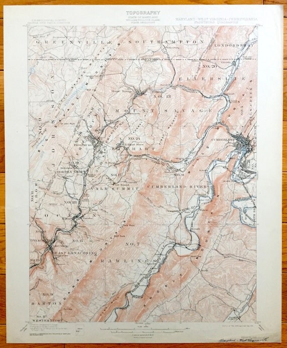 Antique Frostburg & Cumberland Maryland 1908 US Geological