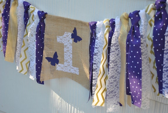 PURPLE and GOLD Birthday, BUTTERFLY birthday, highchair banner, 1st birthday, first birthday banner