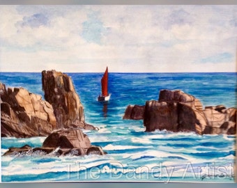 Seascapewith sailboat original watercolour painting of Plougrescant Bretagne France.