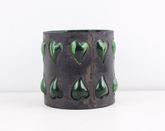 Rustic hearts candle holder, glass and metal tealight holder, green glass lantern, industrial style pen holder, office desk tidy