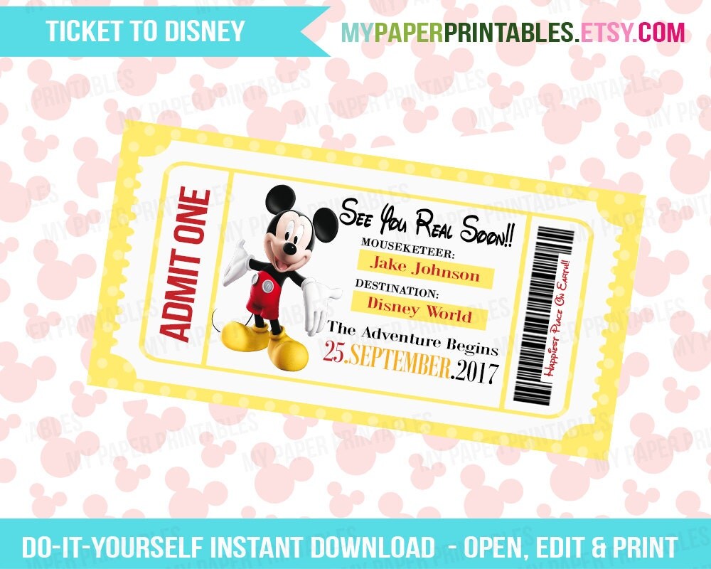 Printable Ticket To Disney DIY Personalize INSTANT DOWNLOAD