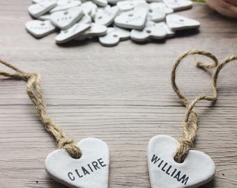 Personalised Clay Heart Place Tags, Wedding Favour/Favor Tags - Rustic, Vintage, Shabby Chic, Country Wedding Decor, Table Decoration