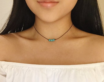 Turquoise Bead Choker, Triple Blue Bead choker, Black Cord Choker, Festival Choker, Boho Choker, Turquoise Blue Choker, Dainty Choker,Simple